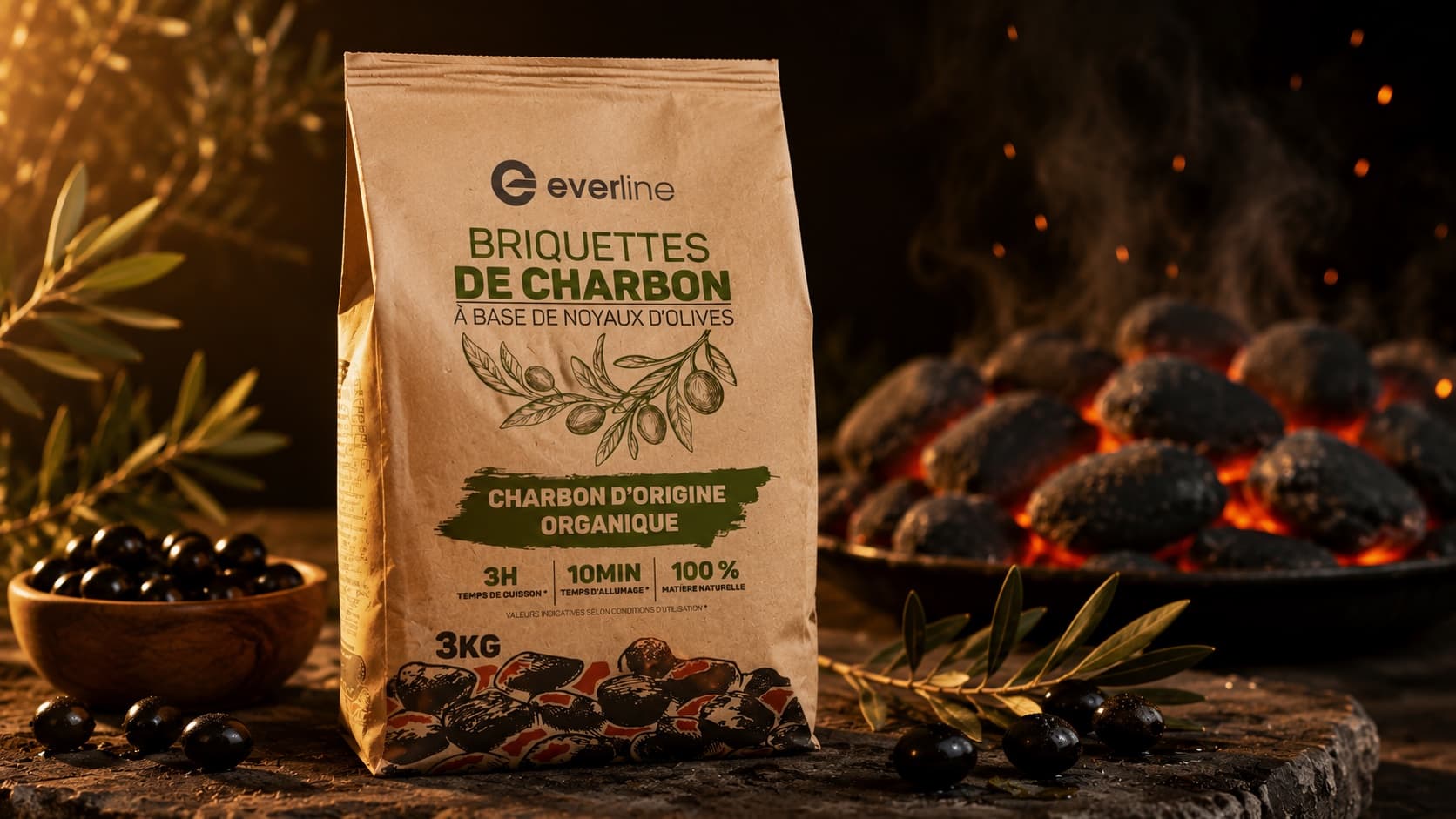 Sac de briquettes Everline en scène, olives et braises